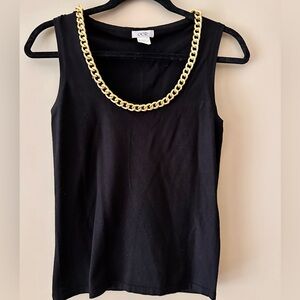 Cache Black Sleeveless Top with Heavy Gold Chain Necklace Detail Size Medium
